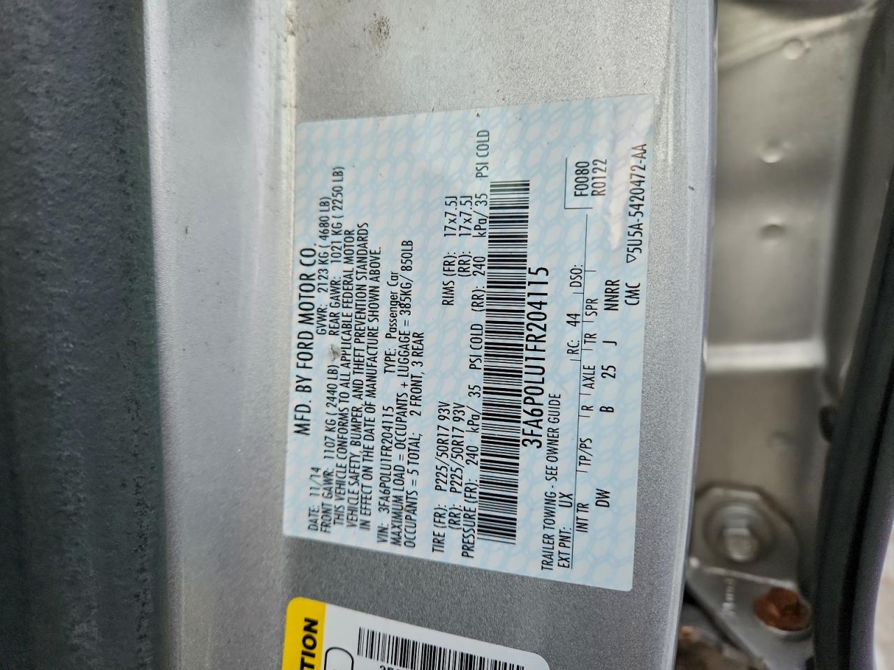 2015 Ford Fusion Se Hybrid VIN: 3FA6P0LU1FR204115 Lot: 93910515