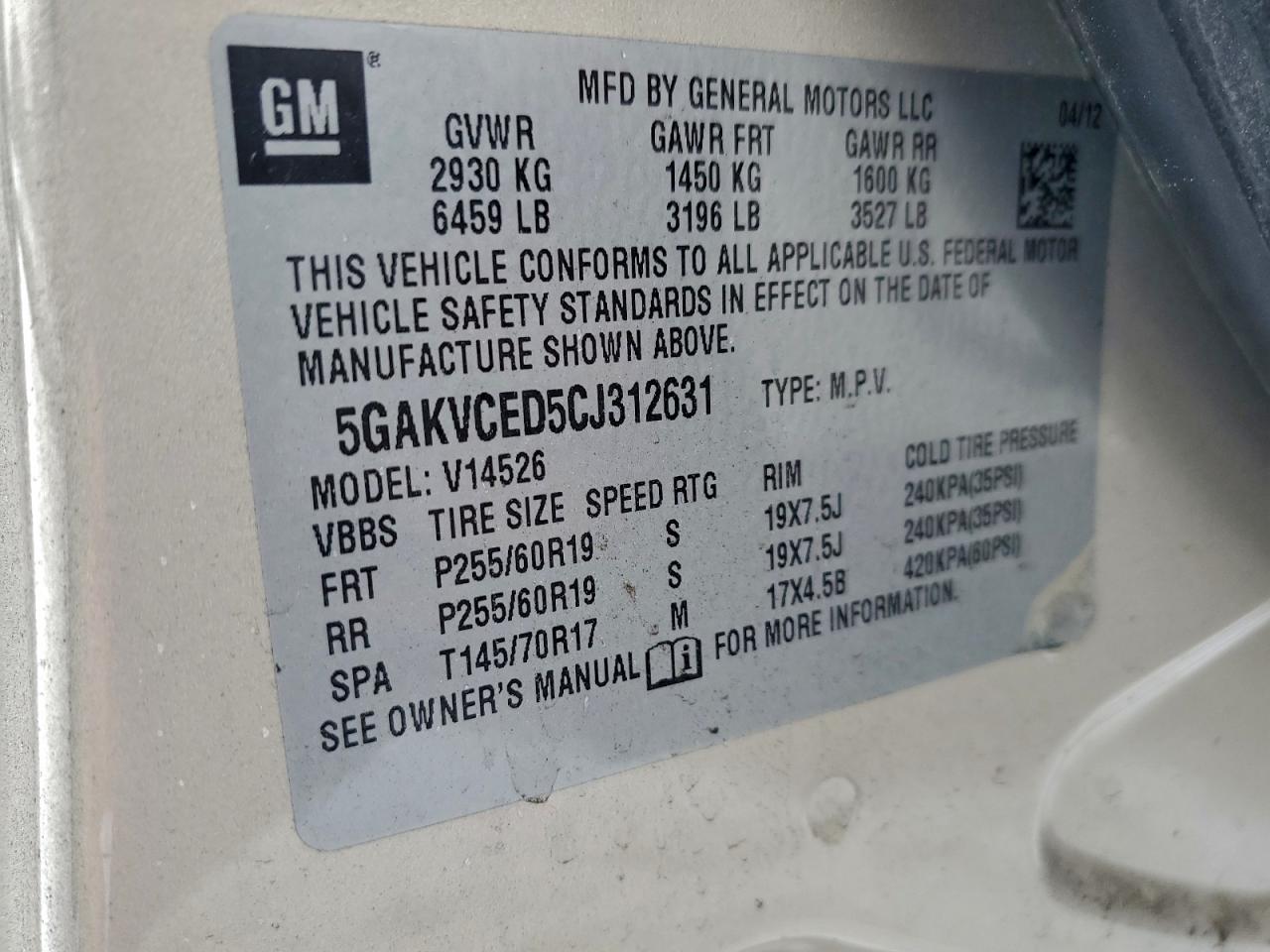 2012 Buick Enclave VIN: 5GAKVCED5CJ312631 Lot: 94582165