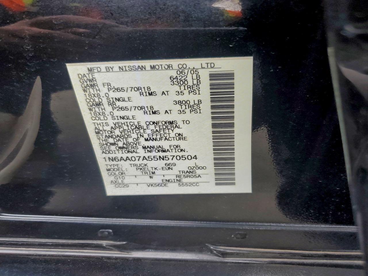 2005 Nissan Titan Xe VIN: 1N6AA07A55N570504 Lot: 95122075
