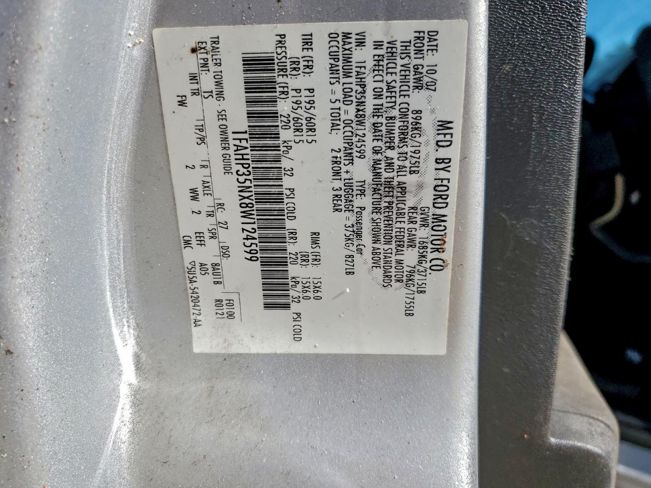 2008 Ford Focus Se VIN: 1FAHP35NX8W124599 Lot: 96548395