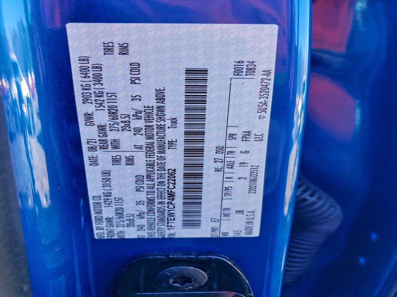 2021 Ford F150 Supercrew VIN: 1FTEW1CP4MFC22062 Lot: 94136485