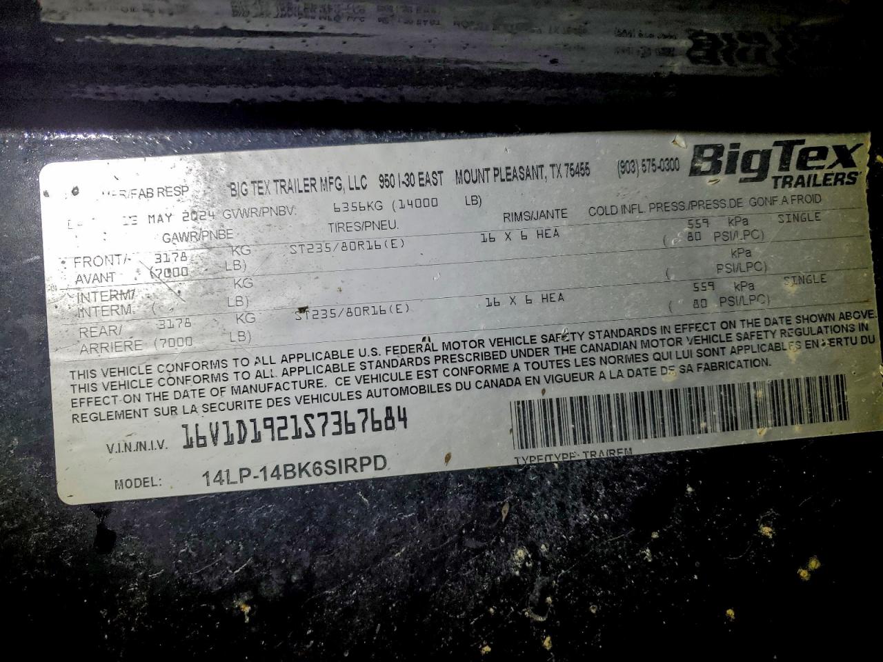 2025 Big Tex Dump VIN: 16V1D1921S7367684 Lot: 95524065