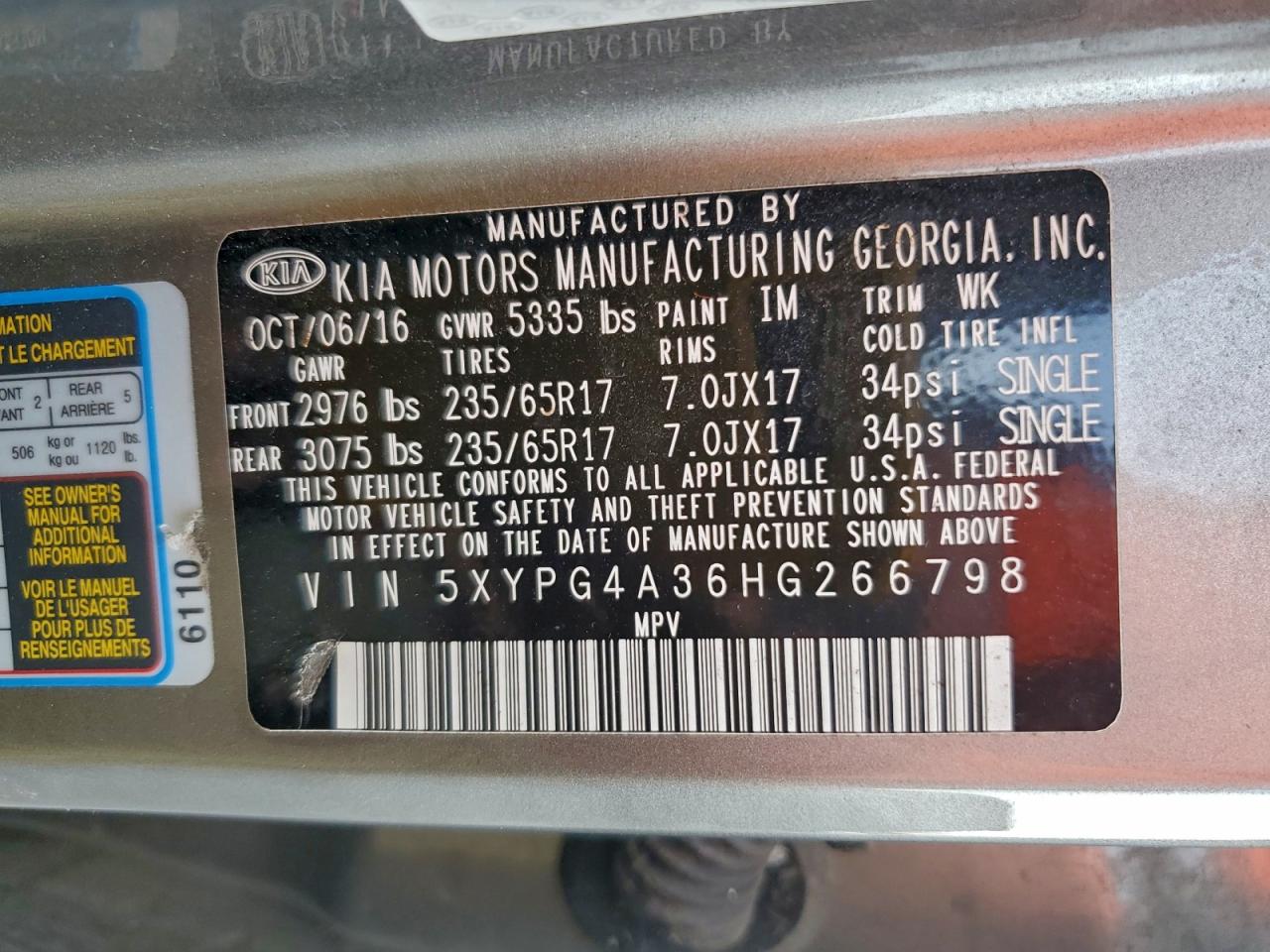 2017 Kia Sorento Lx VIN: 5XYPG4A36HG266798 Lot: 95474975