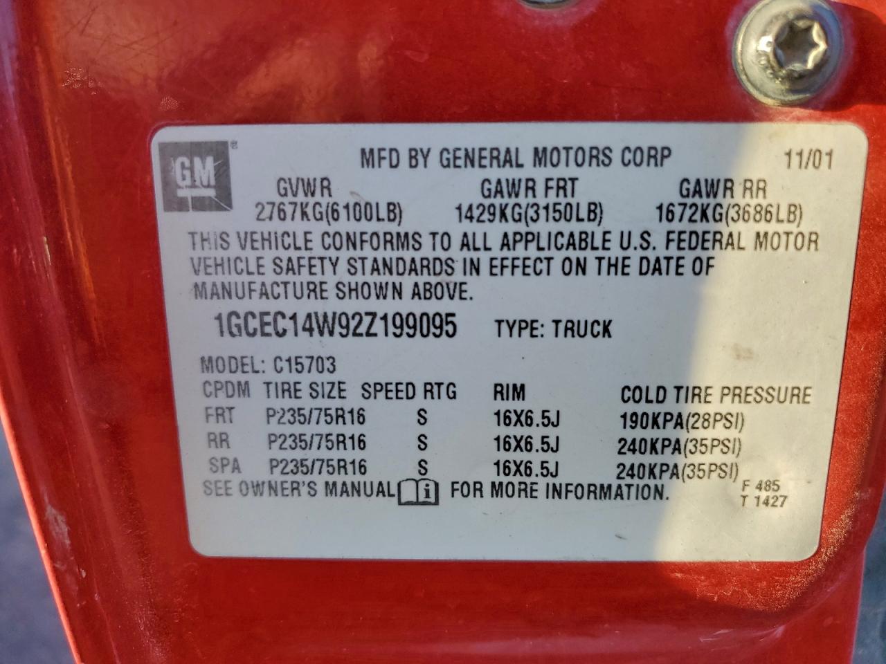 2002 Chevrolet Silverado C1500 VIN: 1GCEC14W92Z199095 Lot: 96146315