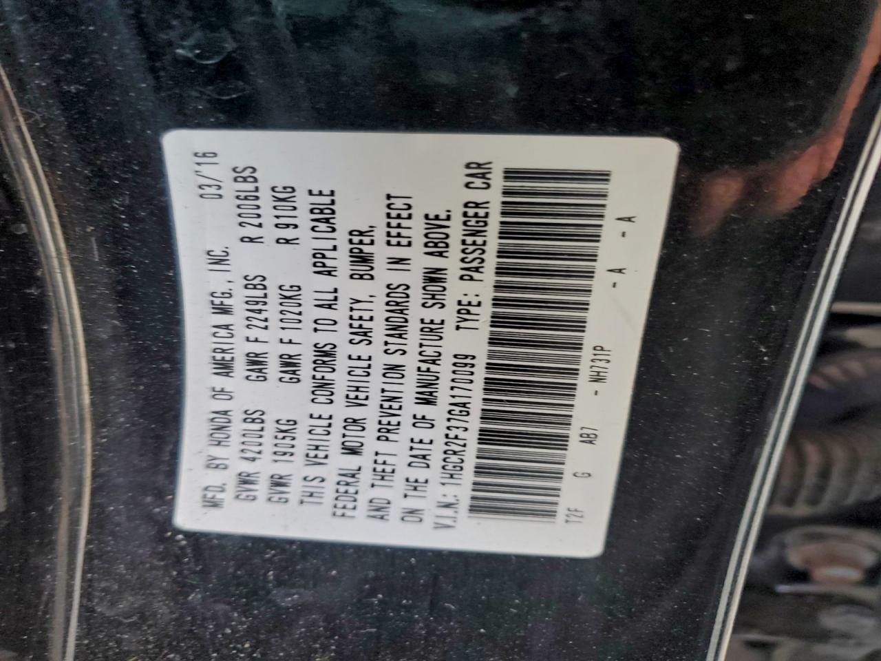 2016 Honda Accord Lx VIN: 1HGCR2F37GA170099 Lot: 94416275