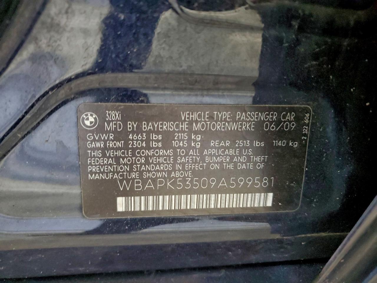 2009 BMW 328 Xi Sulev VIN: WBAPK53509A599581 Lot: 93439285