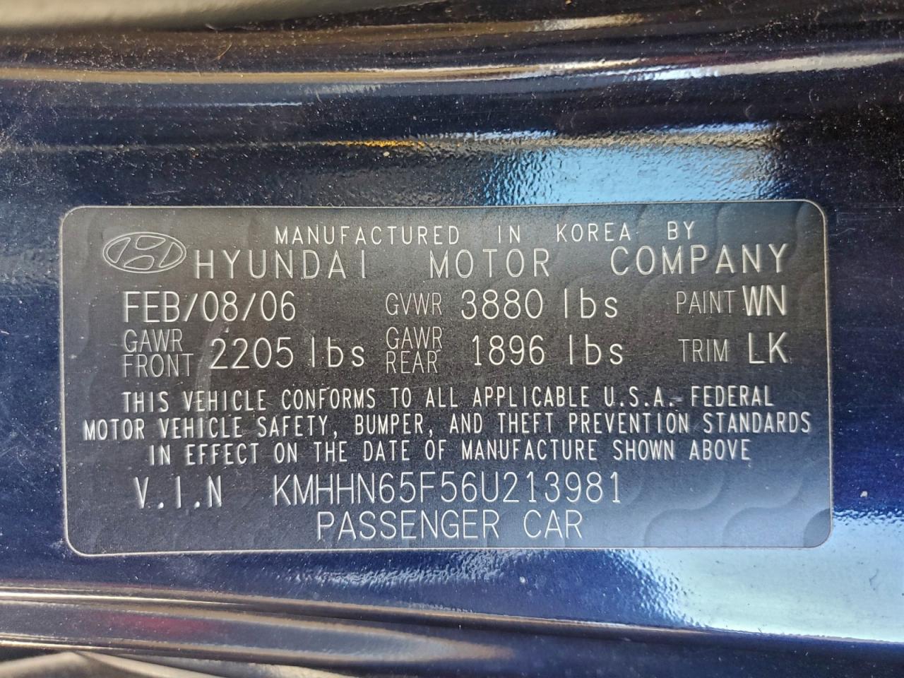 2006 Hyundai Tiburon Gt VIN: KMHHN65F56U213981 Lot: 94761515