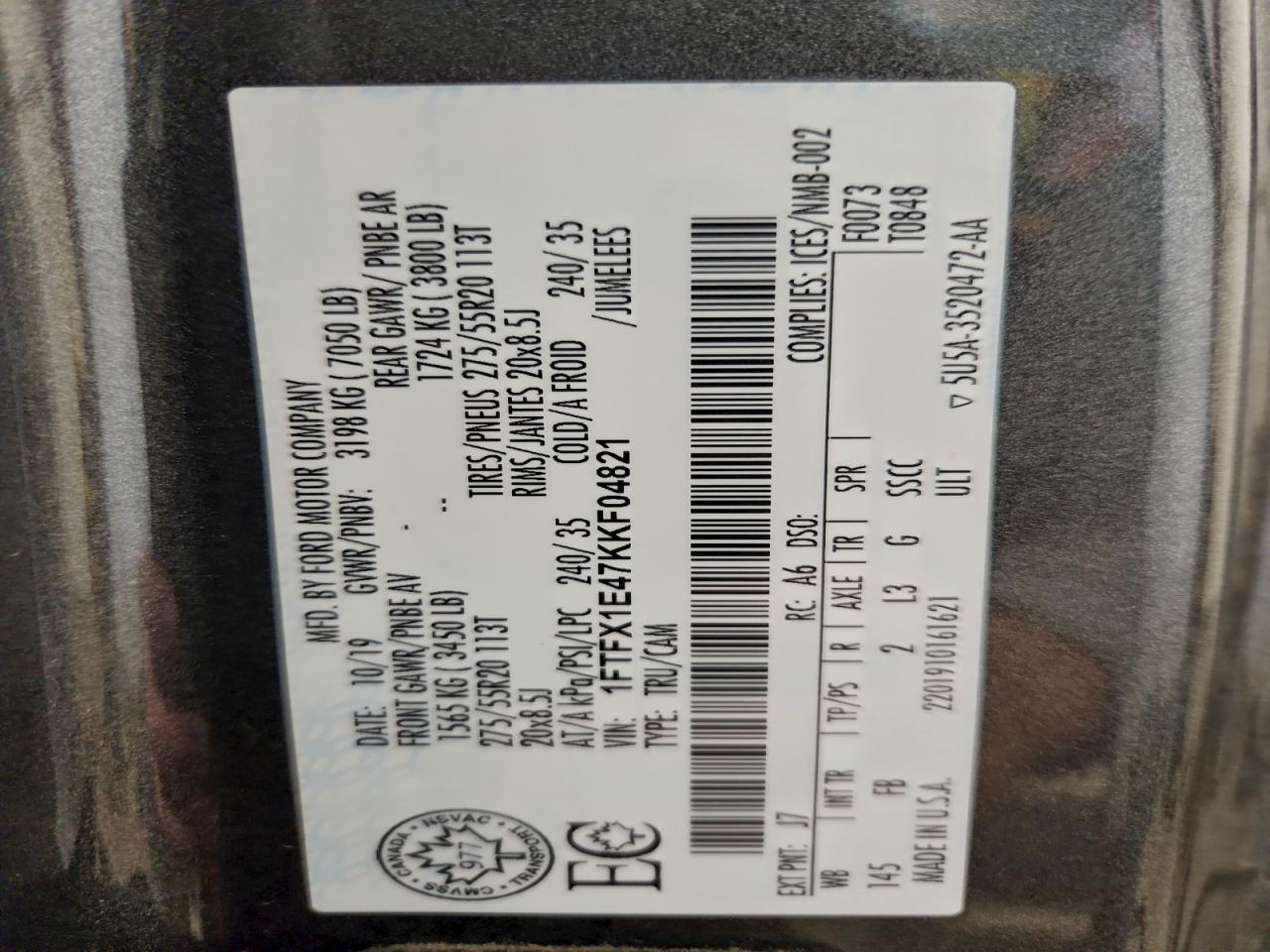 2019 Ford F150 Super Cab VIN: 1FTFX1E47KKF04821 Lot: 95506505