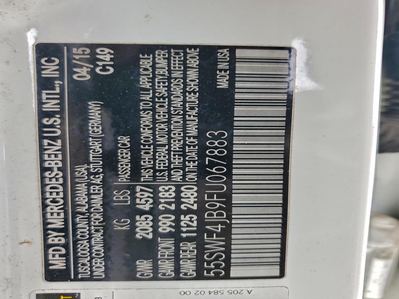 2015 Mercedes-Benz C 300 VIN: 55SWF4JB9FU067883 Lot: 95129945