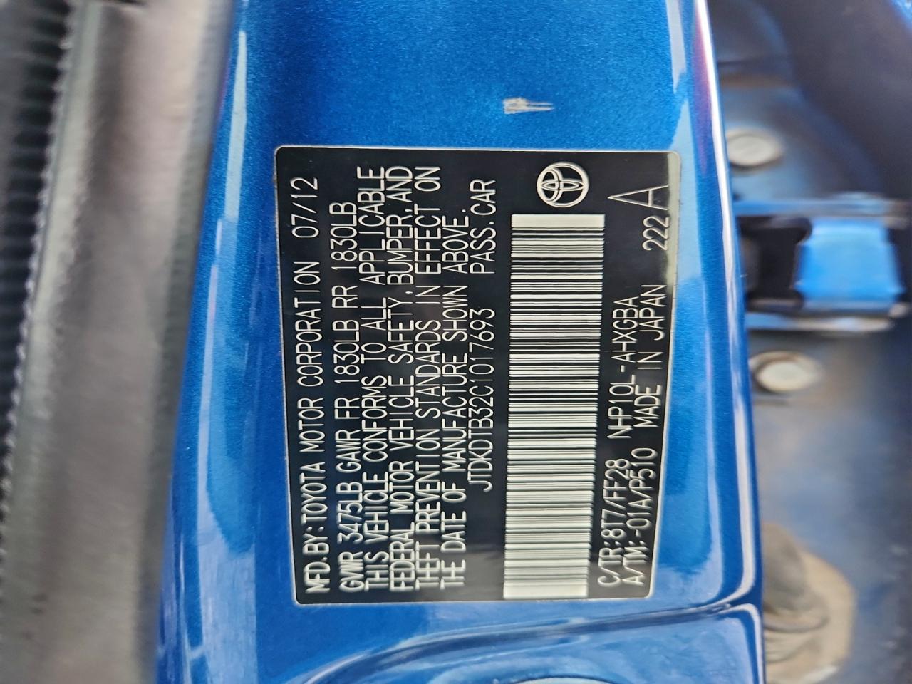 2012 Toyota Prius C VIN: JTDKDTB32C1017693 Lot: 96150185