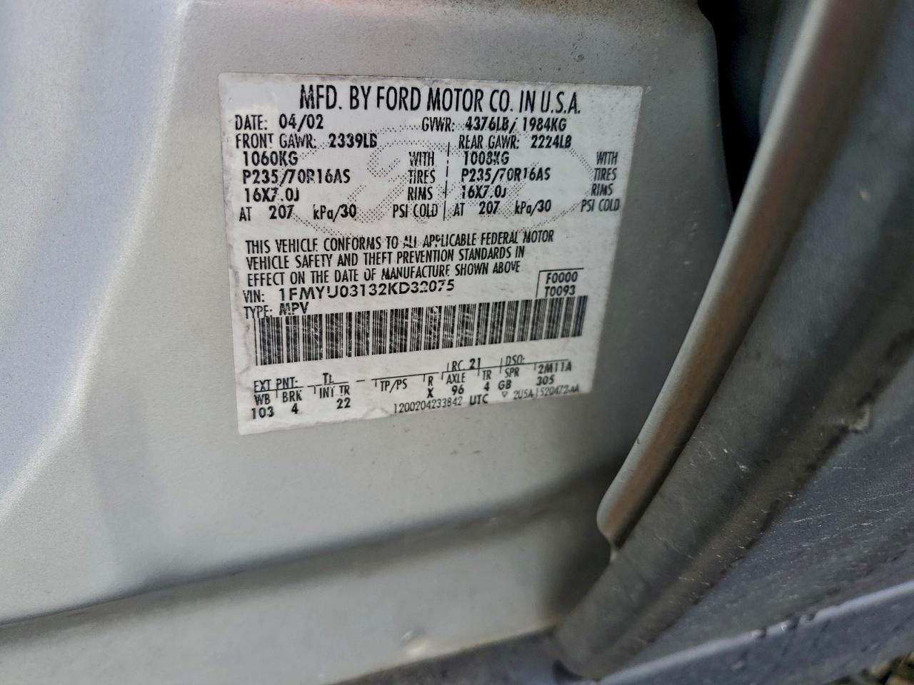 2002 Ford Escape Xlt VIN: 1FMYU03132KD32075 Lot: 95135135