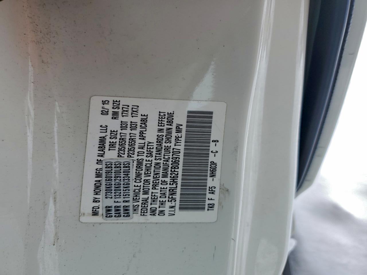 2015 Honda Odyssey Exl VIN: 5FNRL5H62FB069707 Lot: 94705445