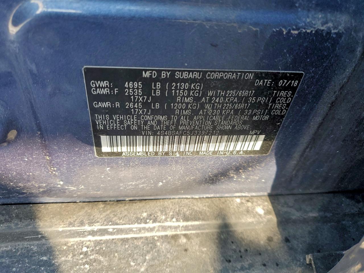 2018 Subaru Outback 2.5I Premium VIN: 4S4BSAFC5J3397212 Lot: 95742085