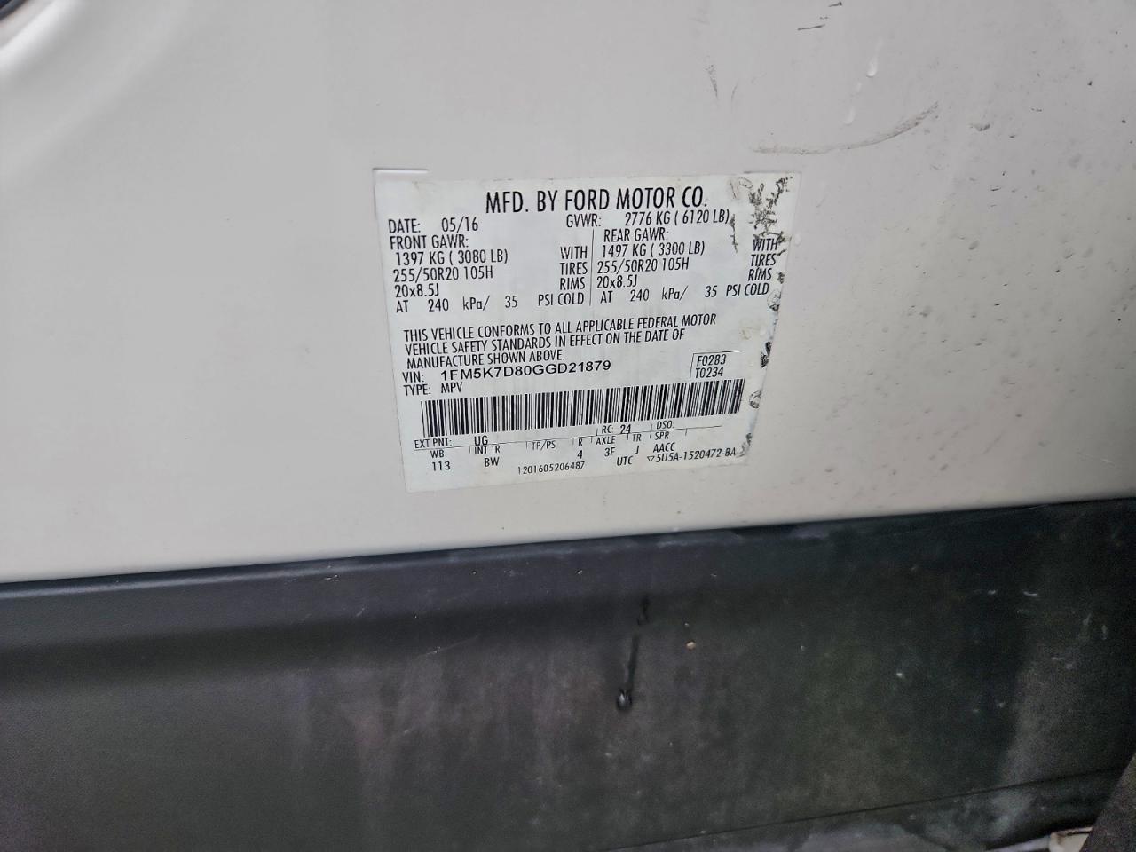 2016 Ford Explorer Xlt VIN: 1FM5K7D80GGD21879 Lot: 95105185