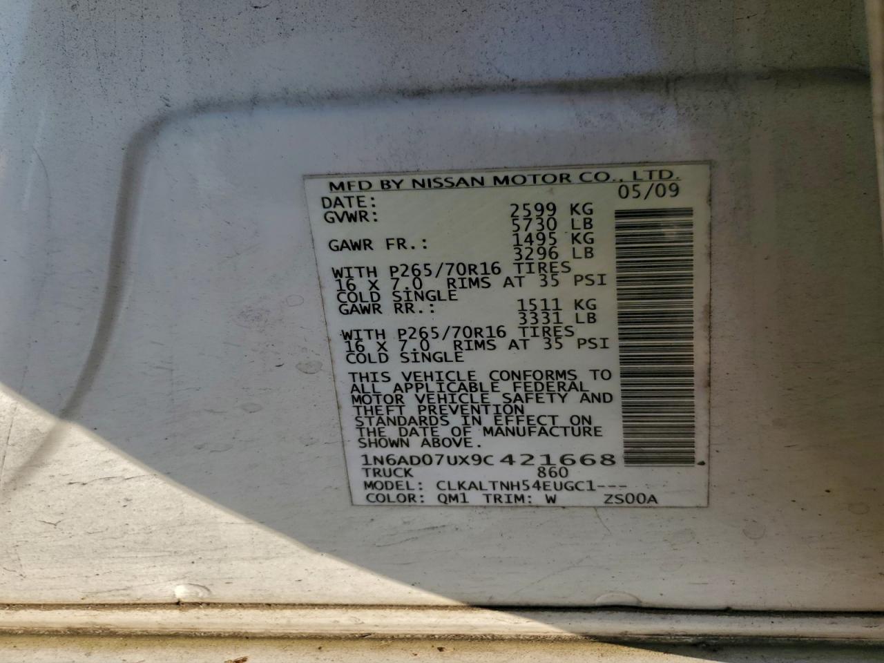 2009 Nissan Frontier Crew Cab Se VIN: 1N6AD07UX9C421668 Lot: 95479255