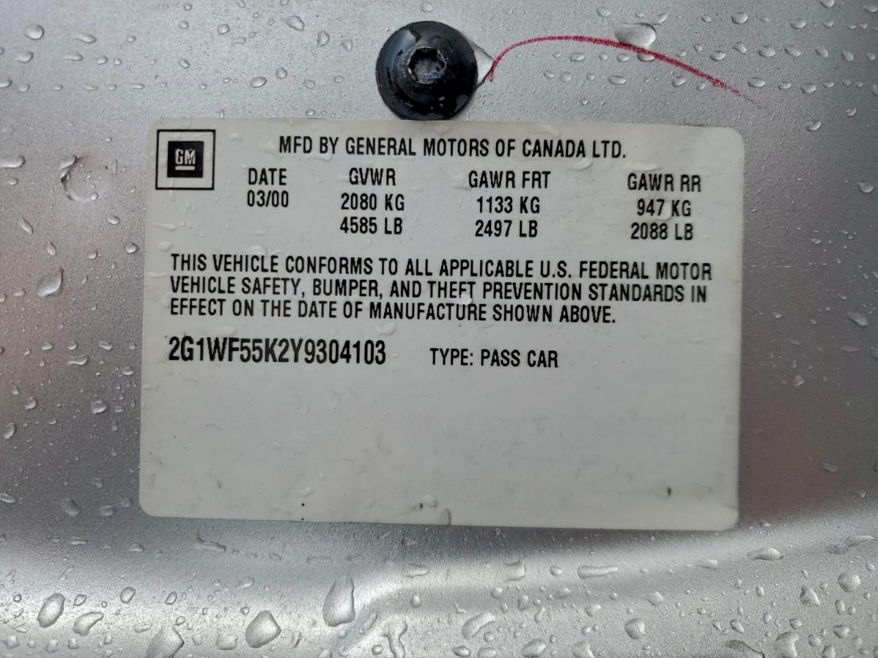 2000 Chevrolet Impala VIN: 2G1WF55K2Y9304103 Lot: 94895105