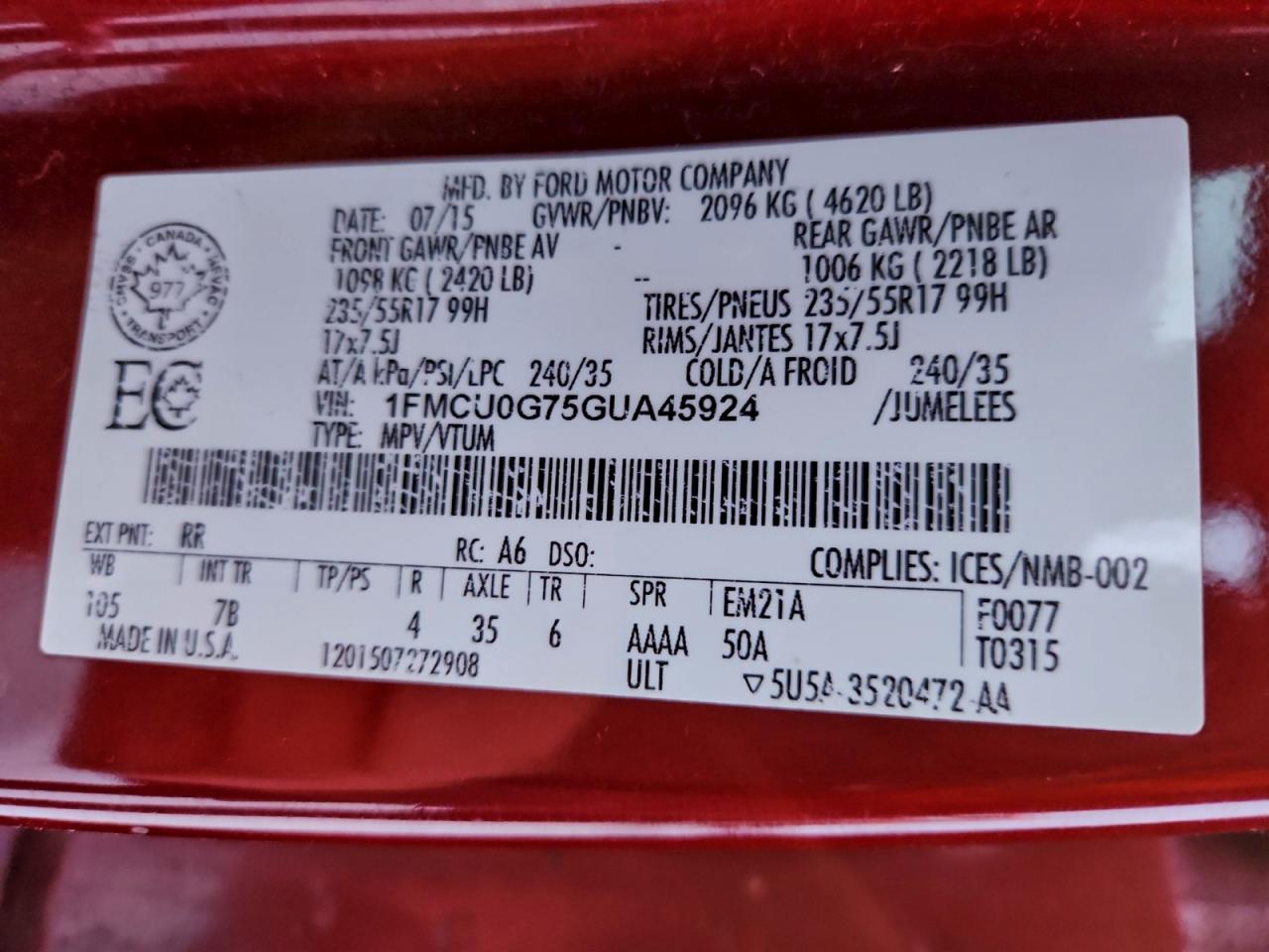 2016 Ford Escape Se VIN: 1FMCU0G75GUA45924 Lot: 95297545