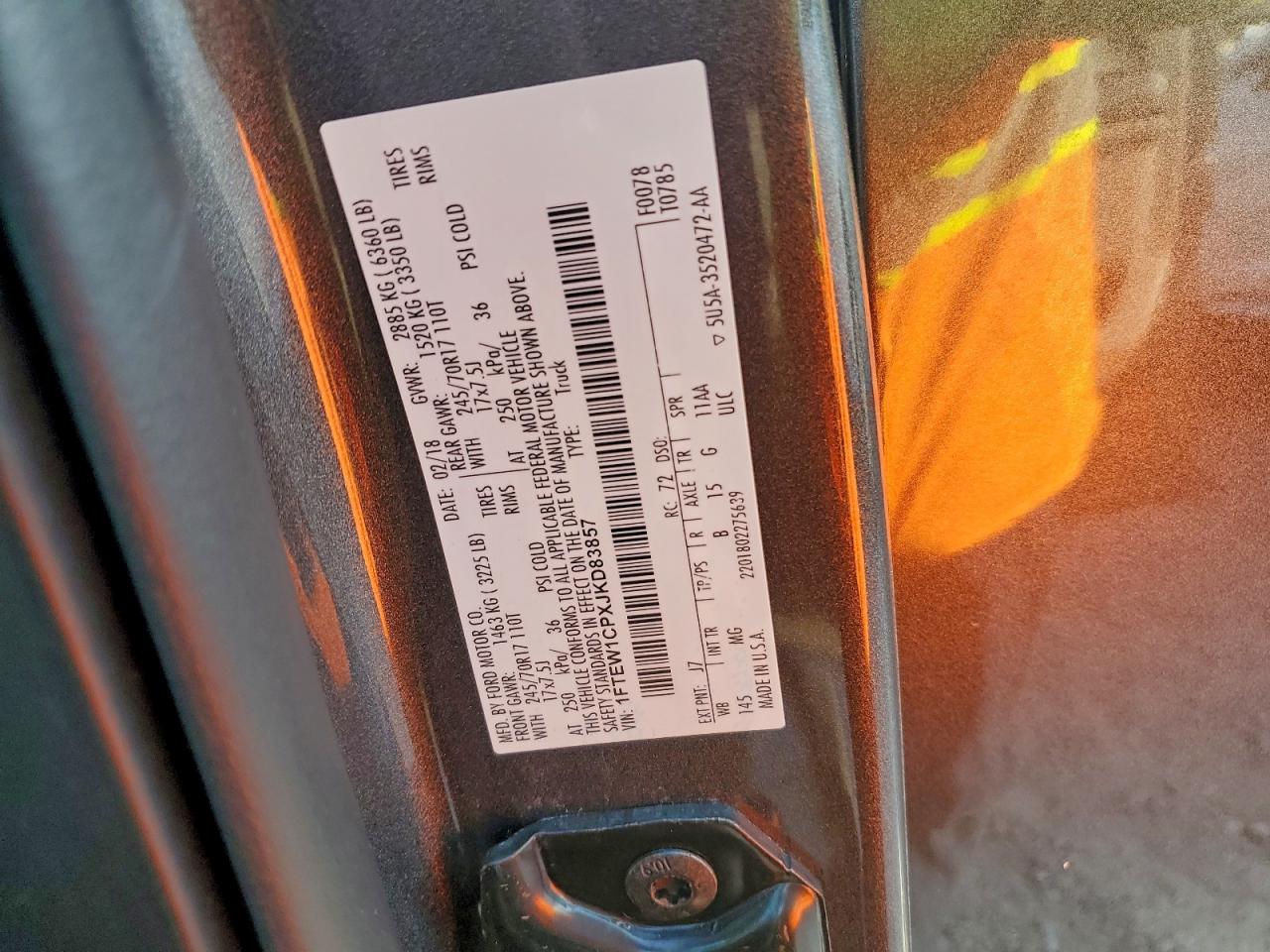 2018 Ford F150 Supercrew VIN: 1FTEW1CPXJKD83857 Lot: 94154615