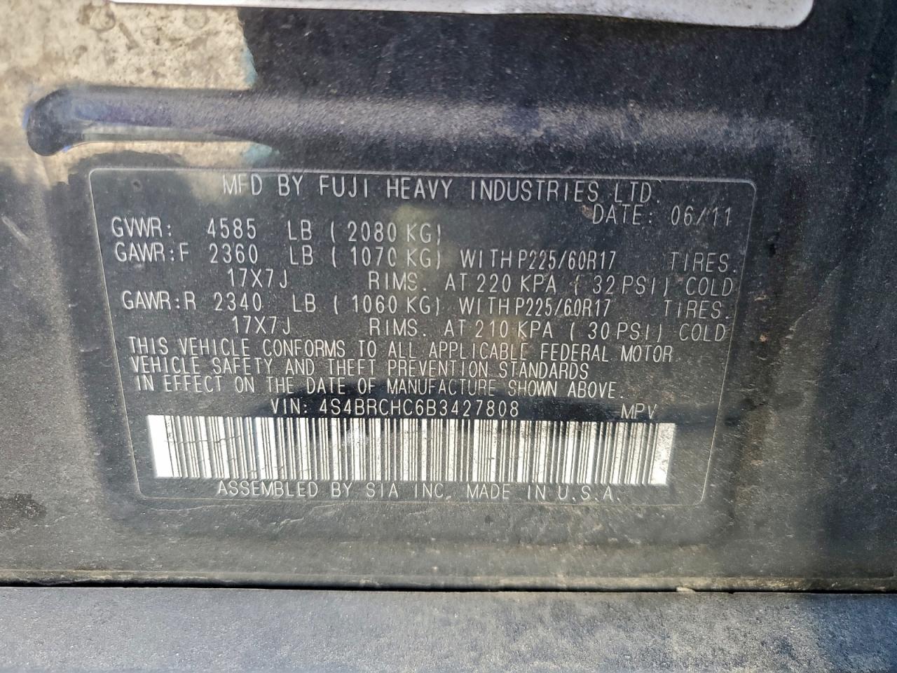 2011 Subaru Outback 2.5I Premium VIN: 4S4BRCHC6B3427808 Lot: 97131655