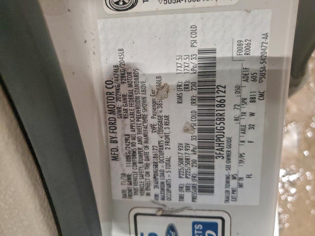 2011 Ford Fusion Sel VIN: 3FAHP0JG5BR186122 Lot: 94661705