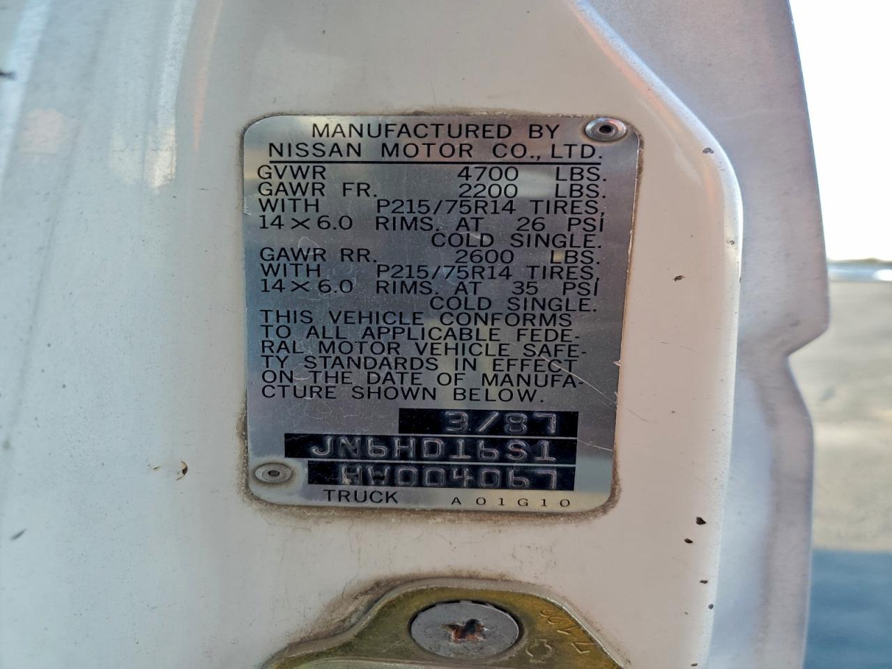 1987 Nissan D21 King Cab VIN: JN6HD16S1HW004067 Lot: 95285105