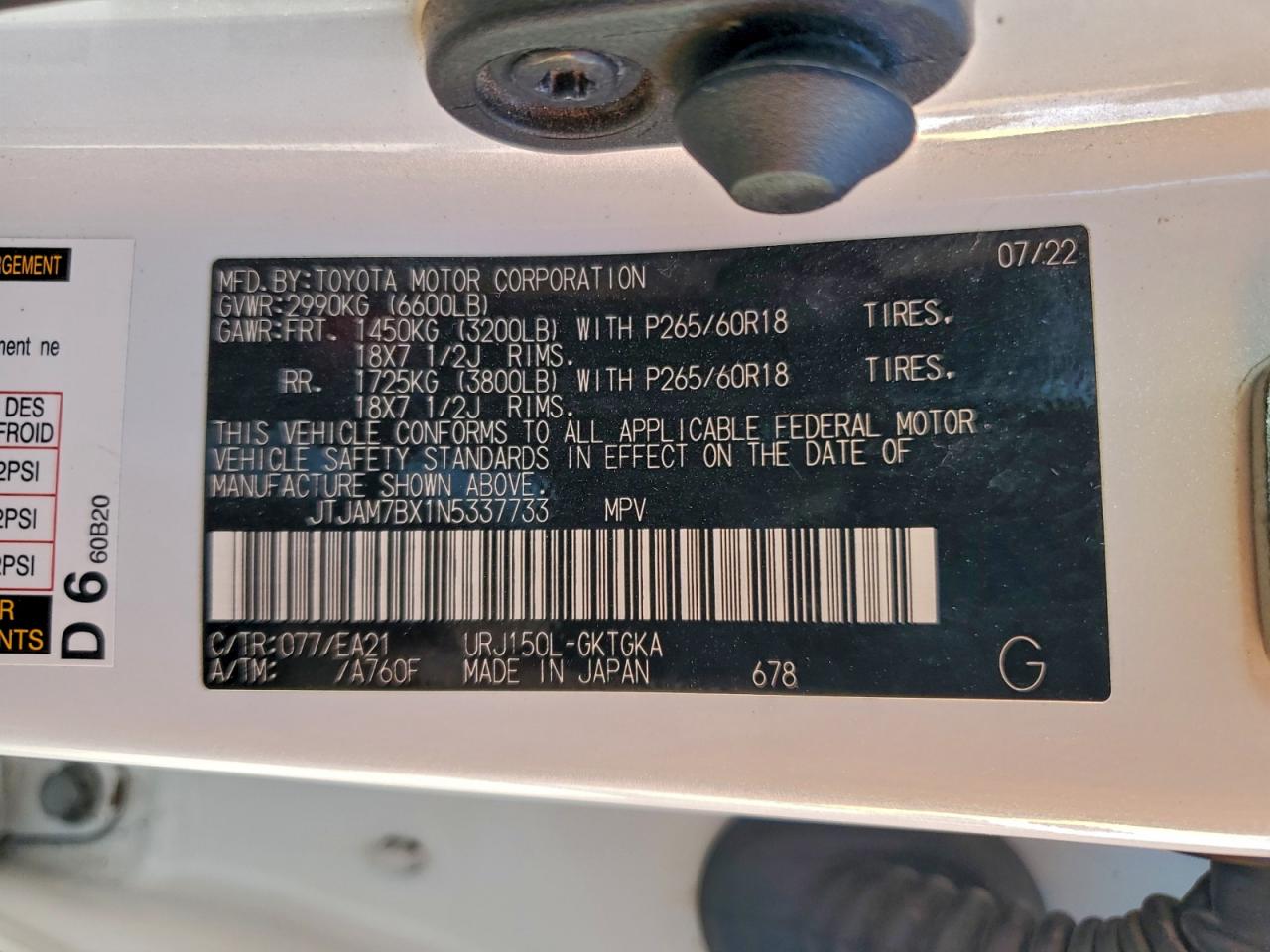 2022 Lexus Gx 460 VIN: JTJAM7BX1N5337733 Lot: 93810585