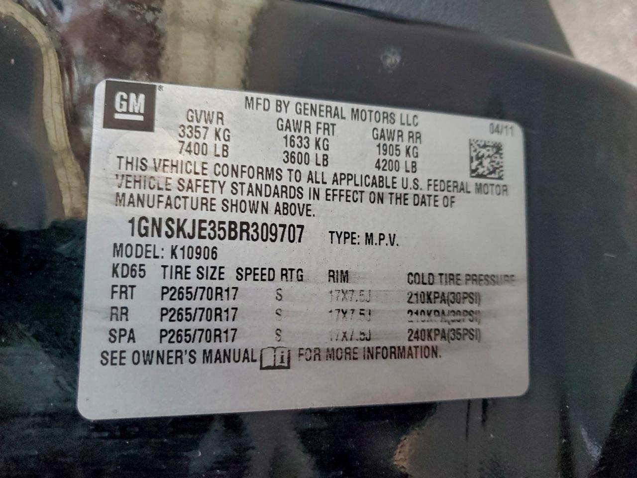 2011 Chevrolet Suburban K1500 Lt VIN: 1GNSKJE35BR309707 Lot: 95156395