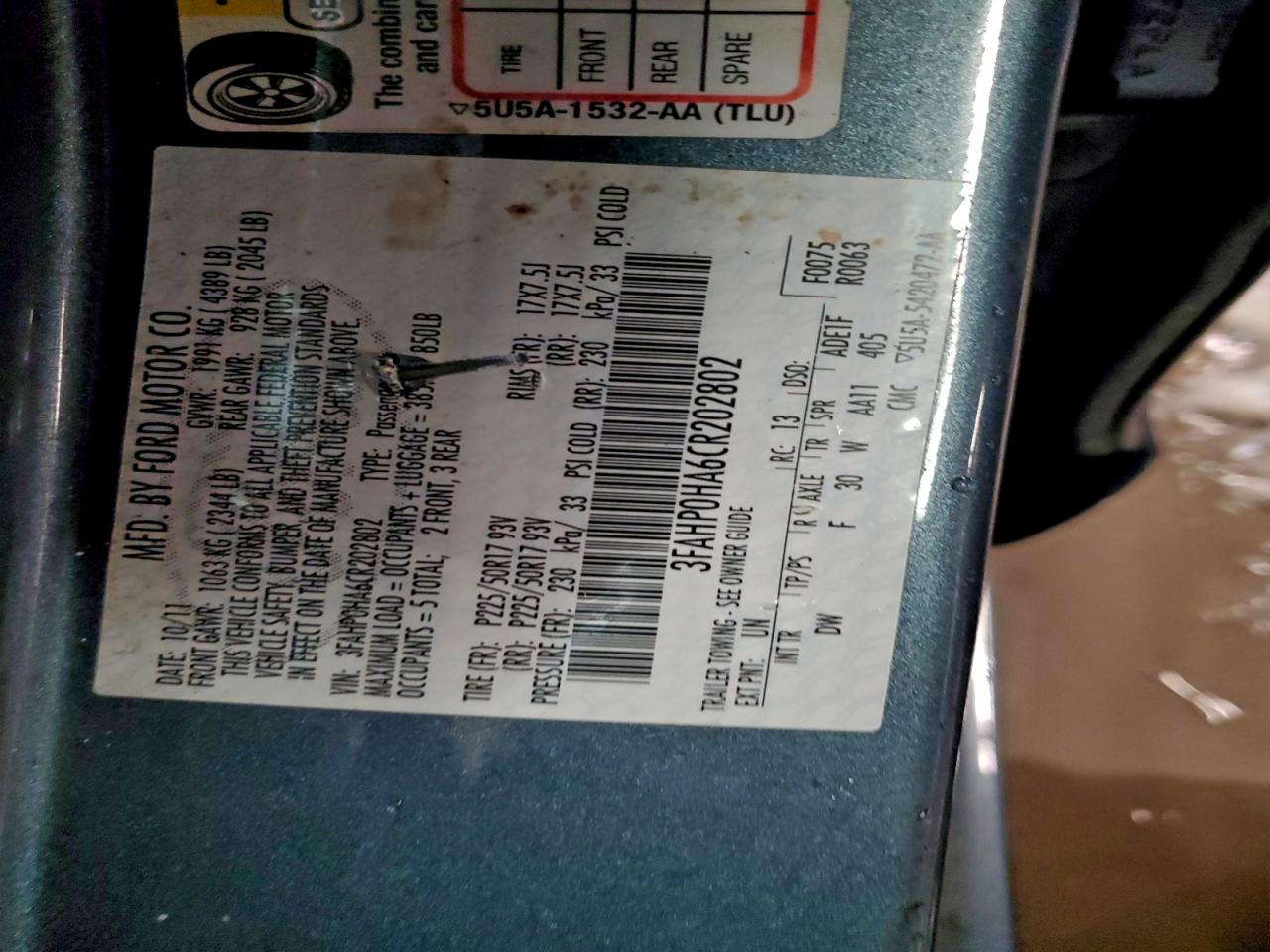 2012 Ford Fusion Se VIN: 3FAHP0HA6CR202802 Lot: 94893415