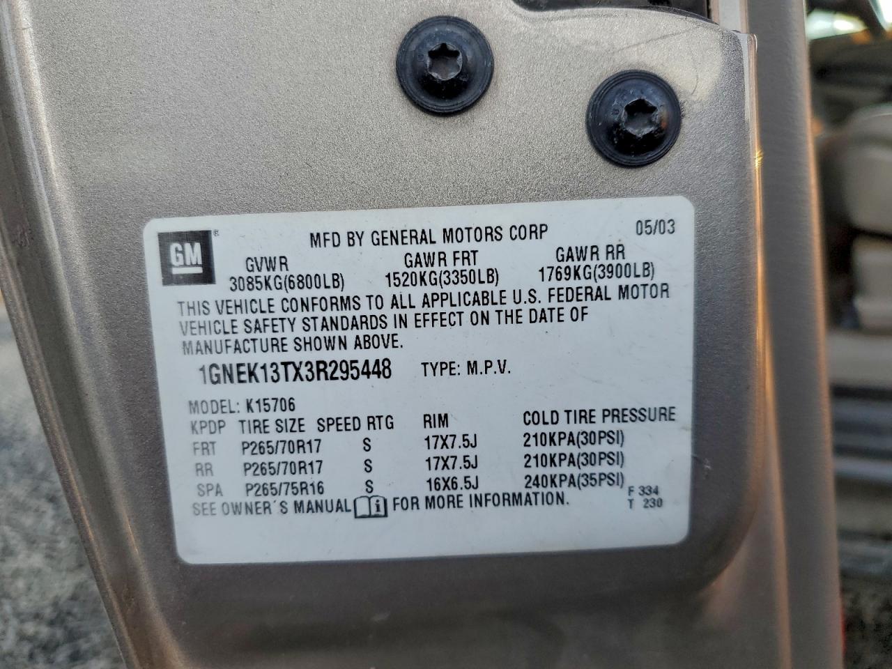 2003 Chevrolet Tahoe K1500 VIN: 1GNEK13TX3R295448 Lot: 96399615