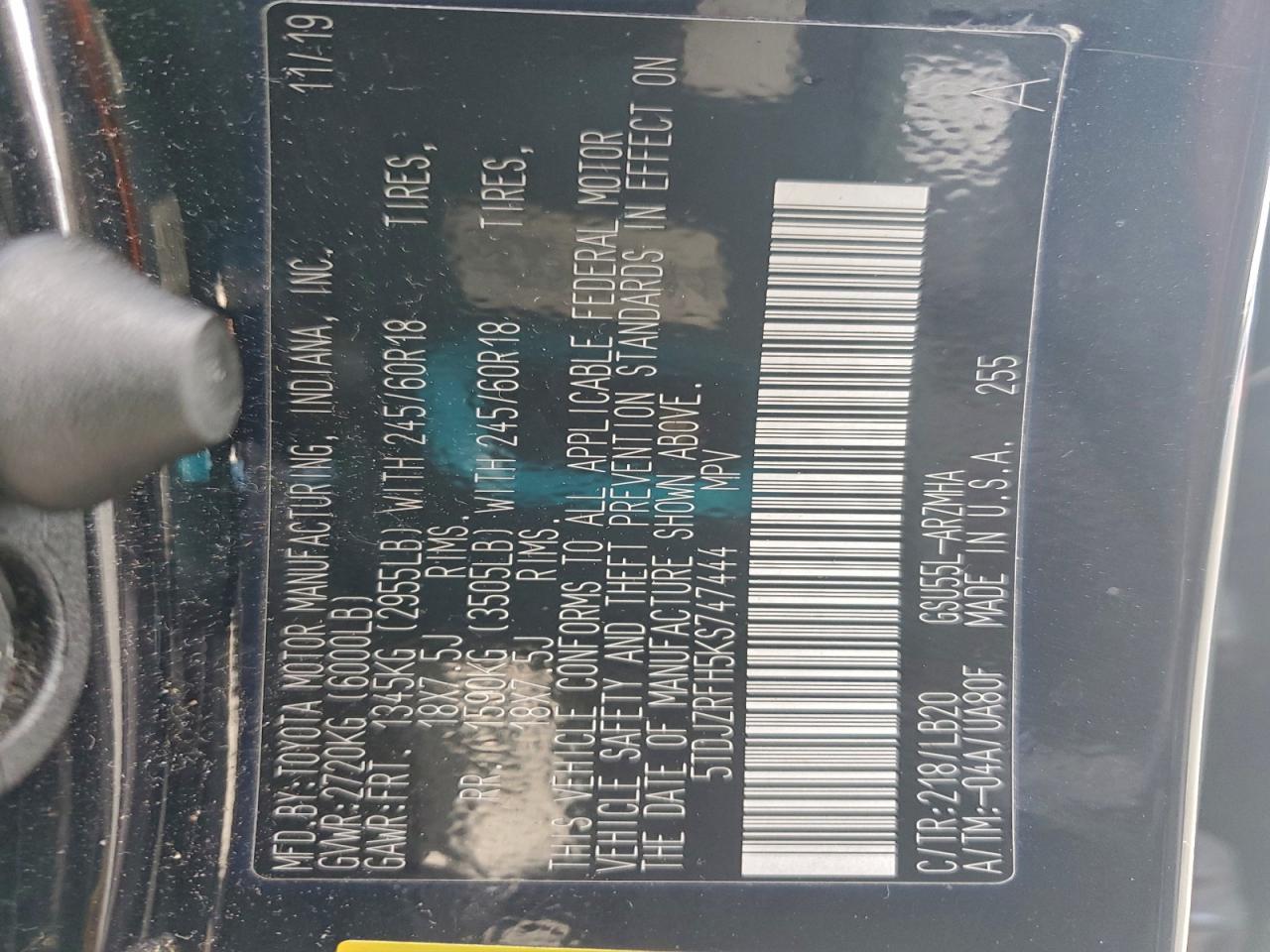 2019 Toyota Highlander Se VIN: 5TDJZRFH5KS747444 Lot: 95802625