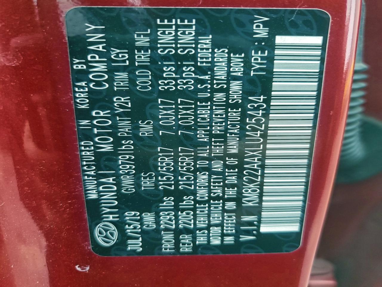 2020 Hyundai Kona Sel VIN: KM8K22AAXLU425434 Lot: 95955415