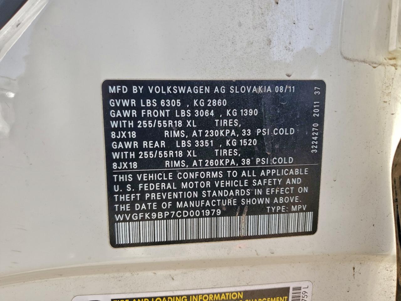 2012 Volkswagen Touareg V6 Tdi VIN: WVGFK9BP7CD001979 Lot: 96395715