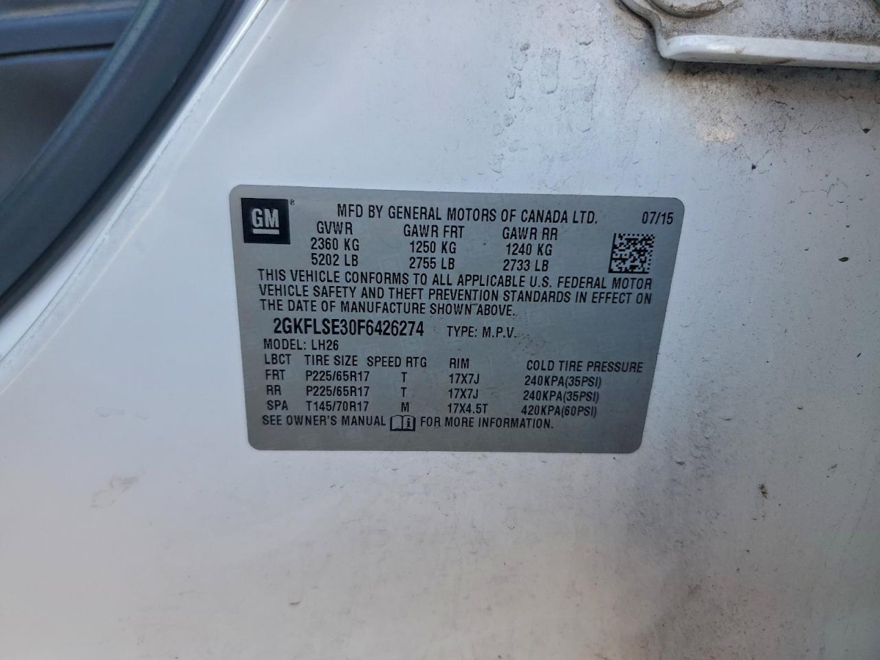 2015 GMC Terrain Slt VIN: 2GKFLSE30F6426274 Lot: 94707655