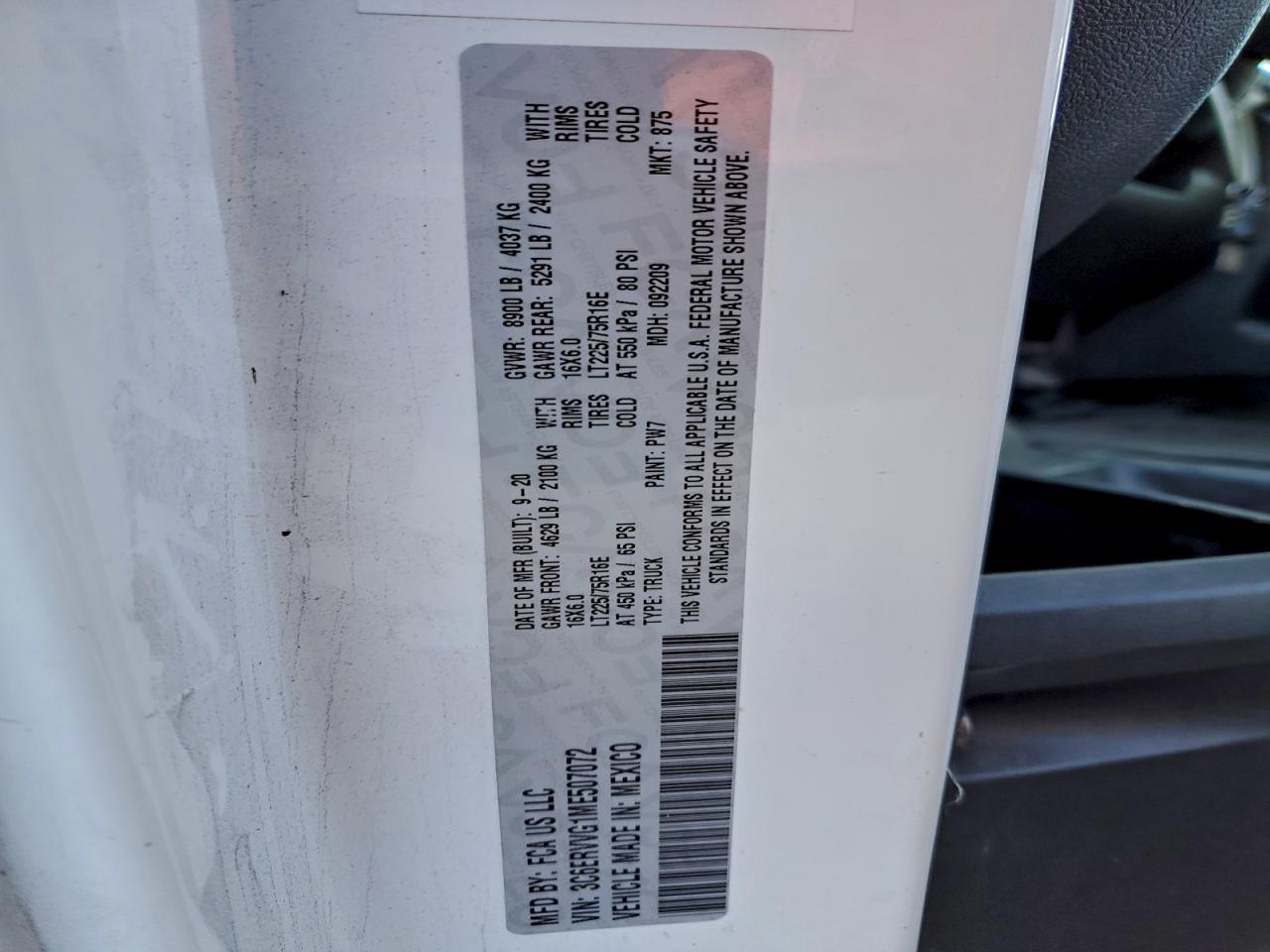 2021 Ram Promaster 2500 2500 Standard VIN: 3C6ERVVG1ME507072 Lot: 96251435