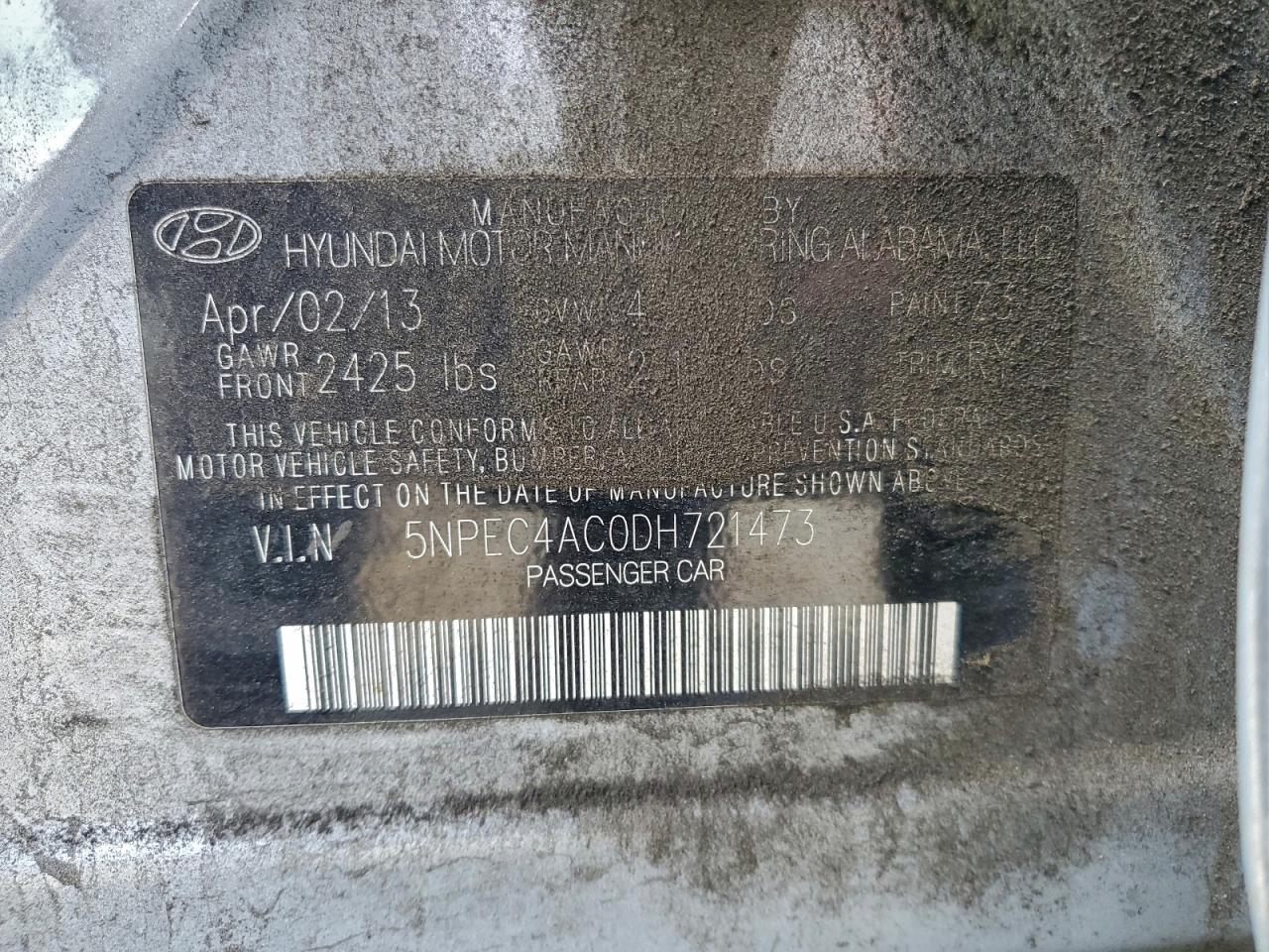 2013 Hyundai Sonata Se VIN: 5NPEC4AC0DH721473 Lot: 95915795