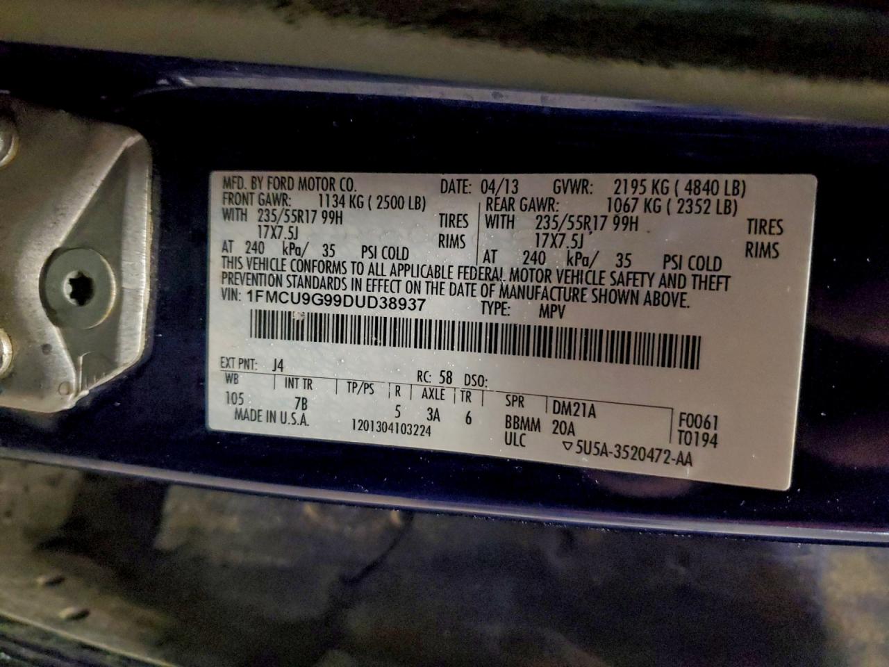 2013 Ford Escape Se VIN: 1FMCU9G99DUD38937 Lot: 97173365