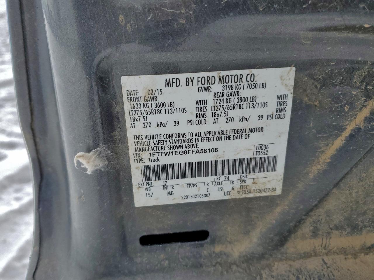 2015 Ford F150 Supercrew VIN: 1FTFW1EG8FFA58108 Lot: 94597675