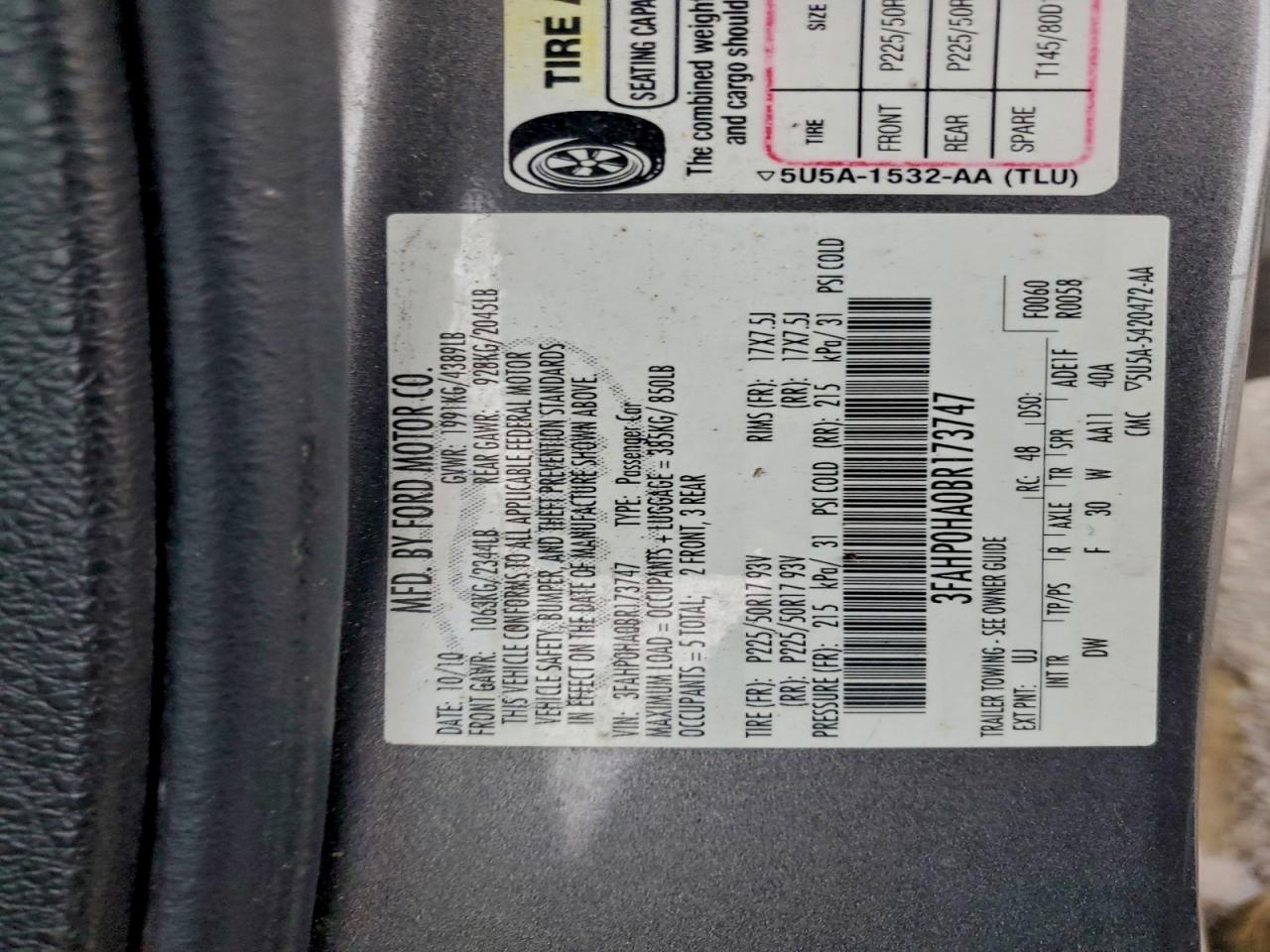 2011 Ford Fusion Se VIN: 3FAHP0HA0BR173747 Lot: 95728395