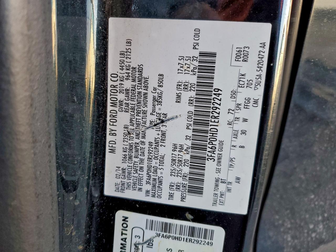 2014 Ford Fusion Se VIN: 3FA6P0HD1ER292249 Lot: 94155075