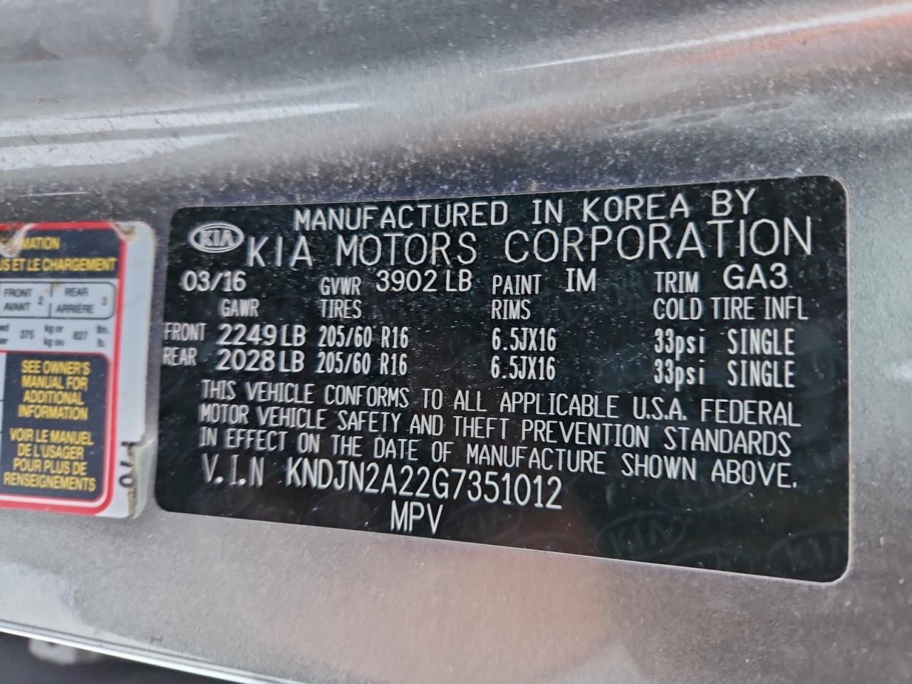 2016 Kia Soul VIN: KNDJN2A22G7351012 Lot: 95135355