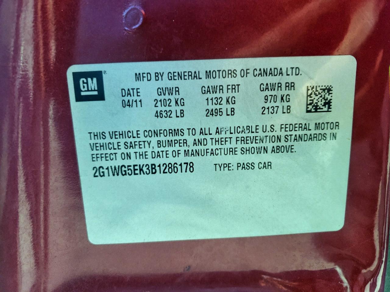 2011 Chevrolet Impala Lt VIN: 2G1WG5EK3B1286178 Lot: 95159975