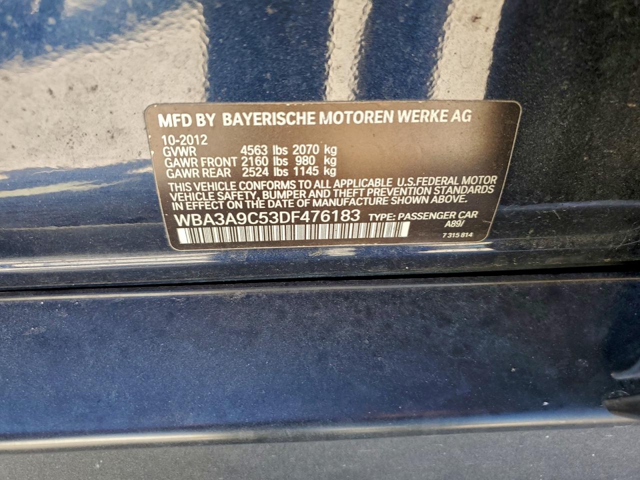 2013 BMW 335 I VIN: WBA3A9C53DF476183 Lot: 94674695