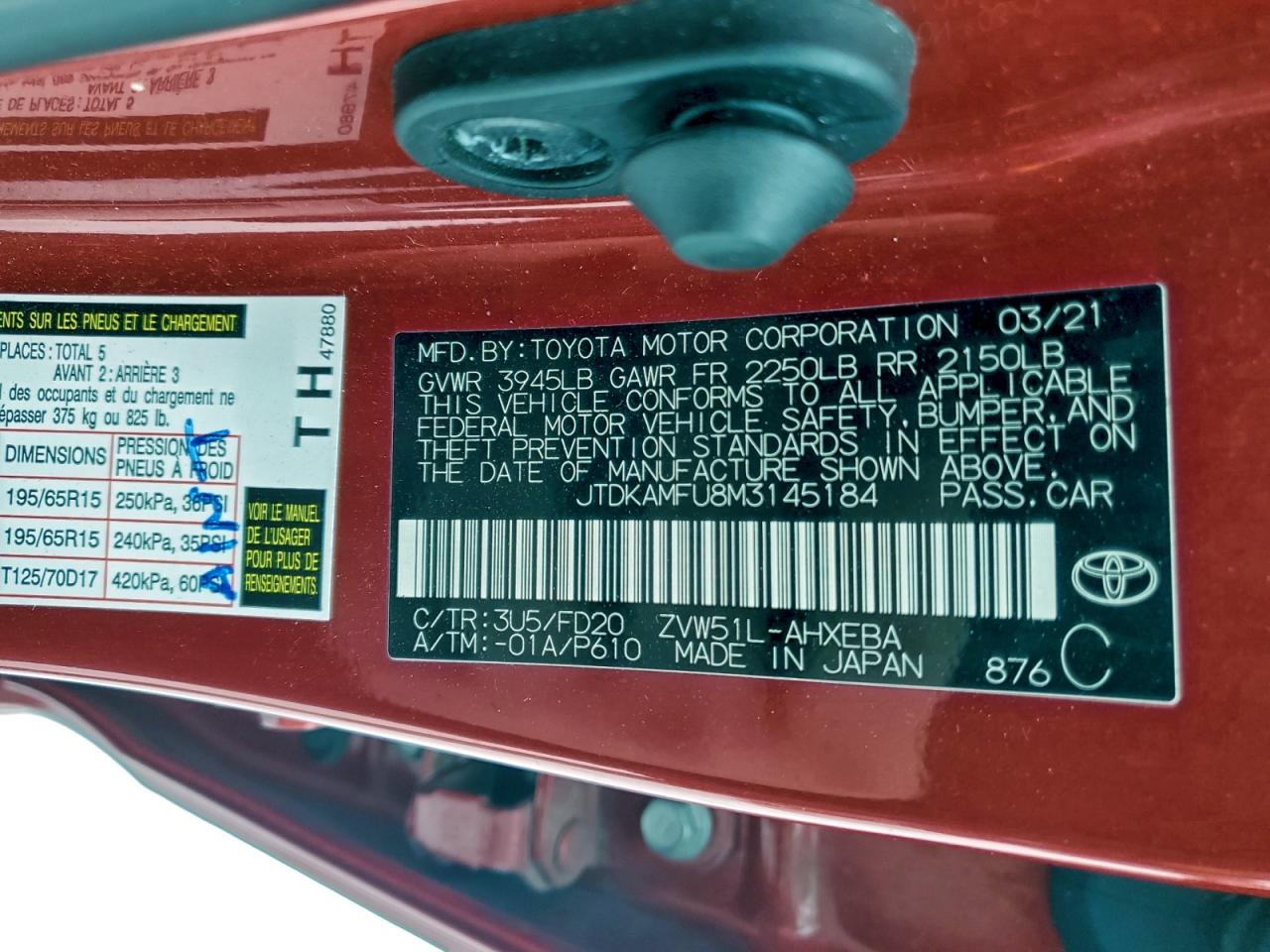 2021 Toyota Prius Special Edition VIN: JTDKAMFU8M3145184 Lot: 95612815