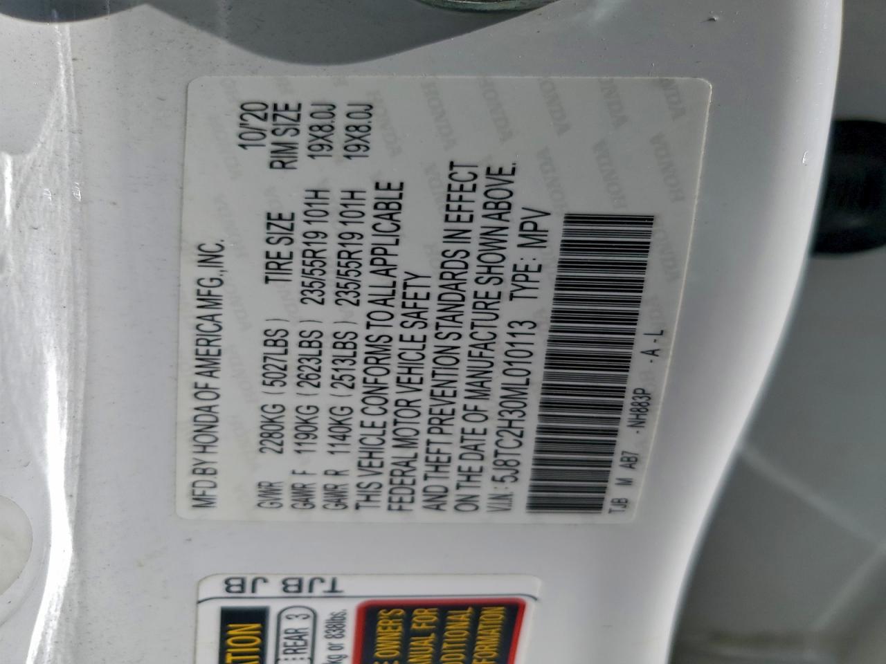 2021 Acura Rdx VIN: 5J8TC2H30ML010113 Lot: 96008005