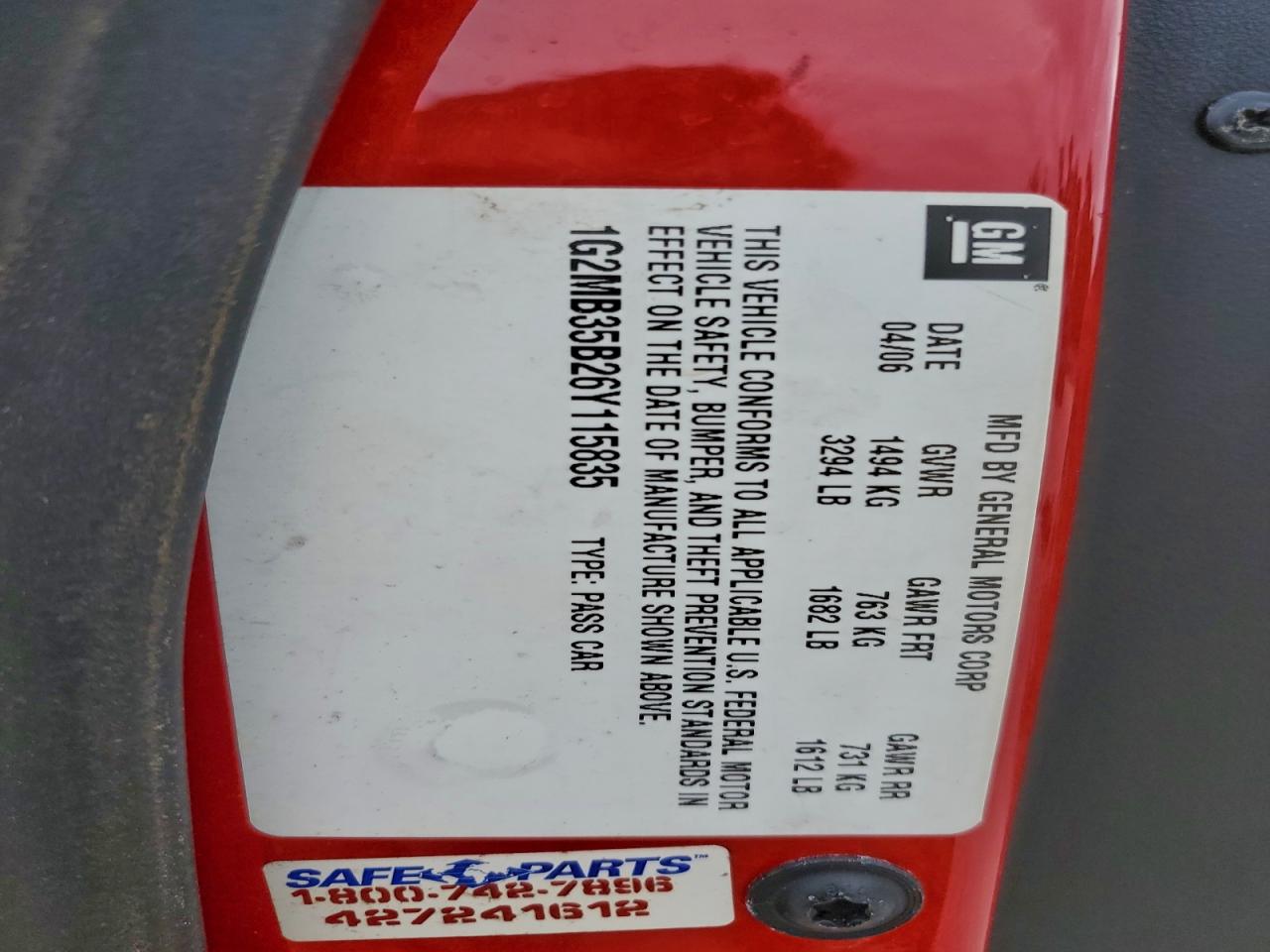 2006 Pontiac Solstice VIN: 1G2MB35B26Y115835 Lot: 94802665