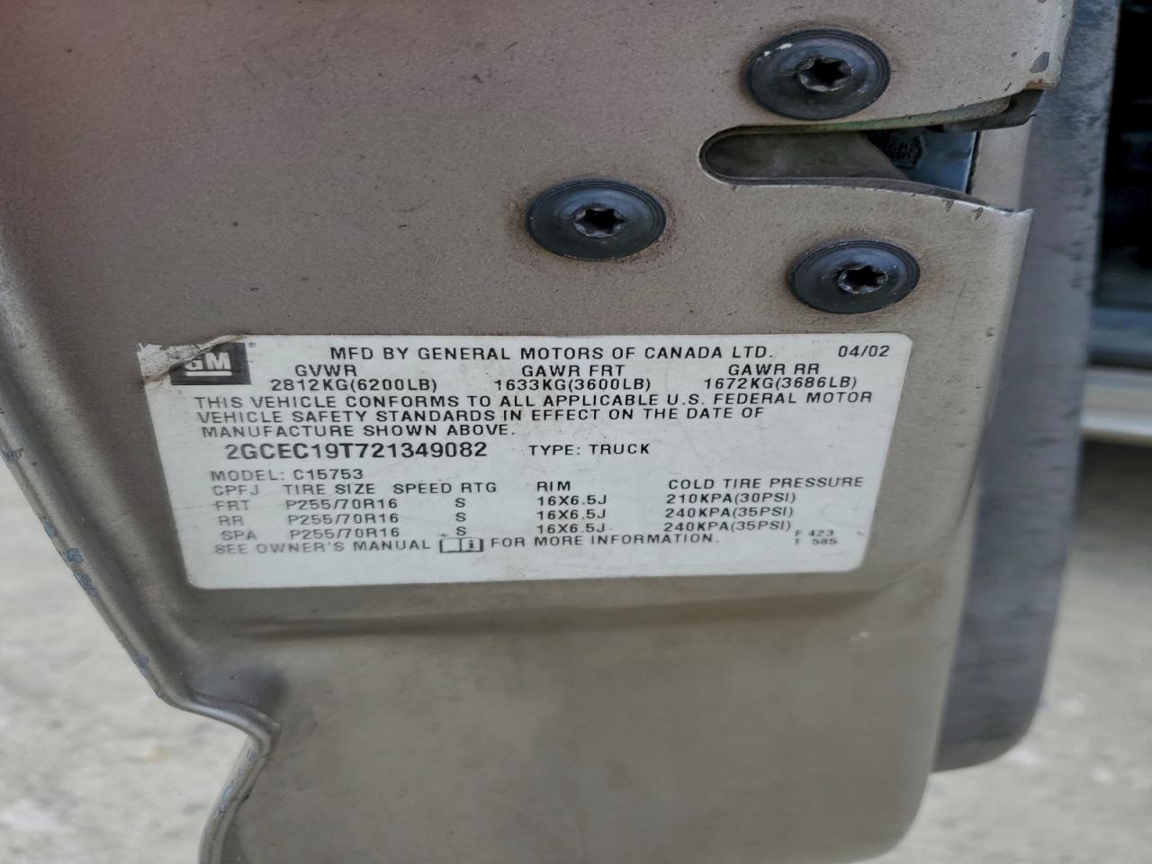 2002 Chevrolet Silverado C1500 VIN: 2GCEC19T721349082 Lot: 95271525