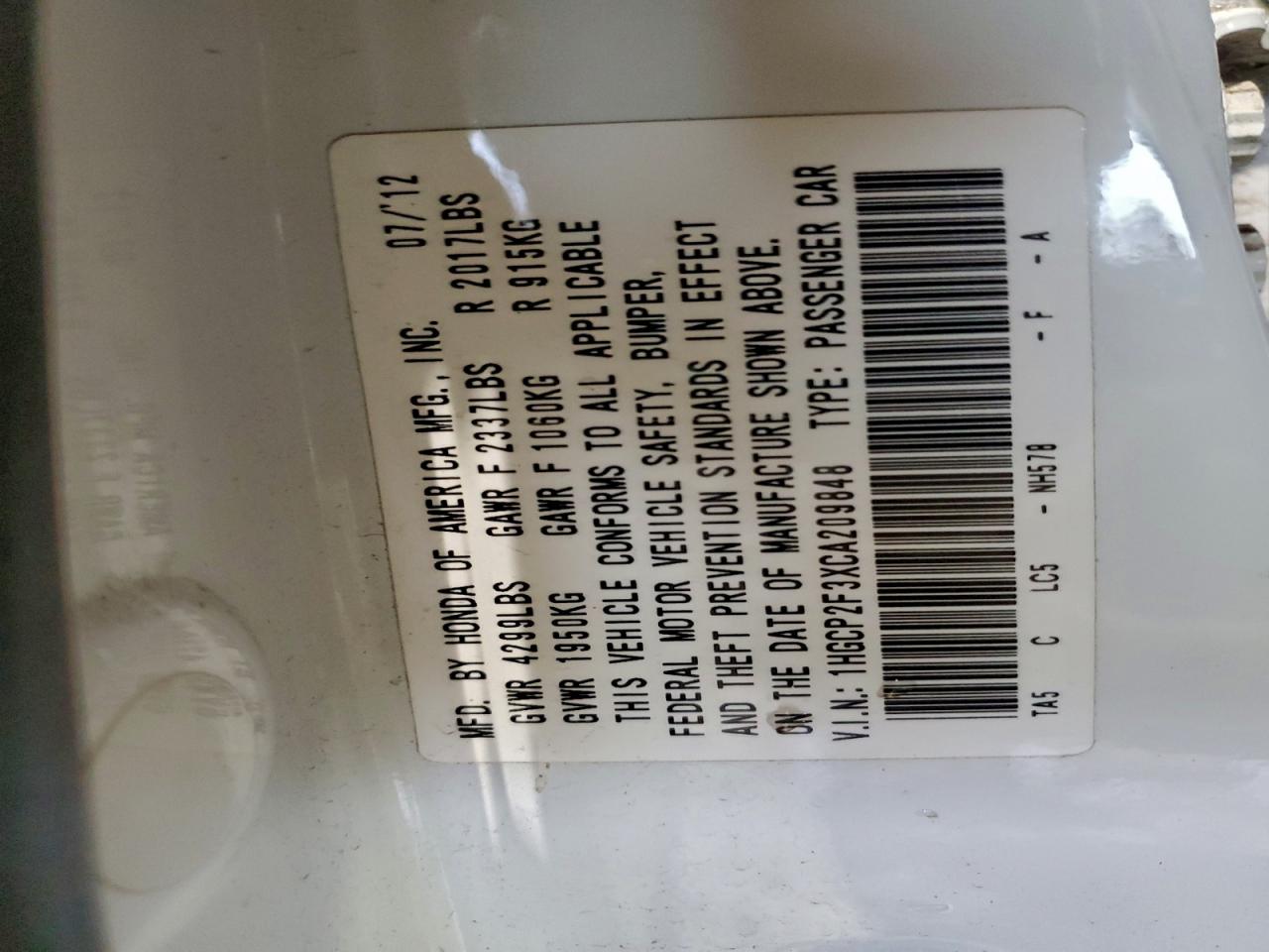 2012 Honda Accord Lx VIN: 1HGCP2F3XCA209848 Lot: 95146605