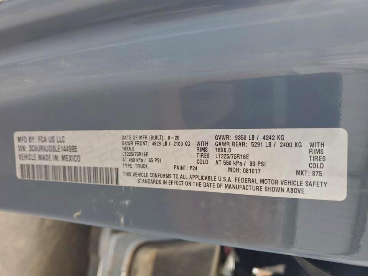 2020 Ram Promaster 3500 Delivery Van VIN: 3C6URVJG8LE144995 Lot: 90463555