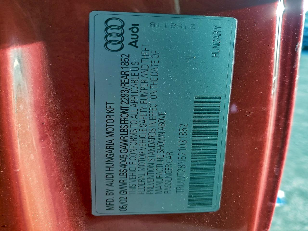 2002 Audi Tt Quattro VIN: TRUWT28N621031852 Lot: 96681285