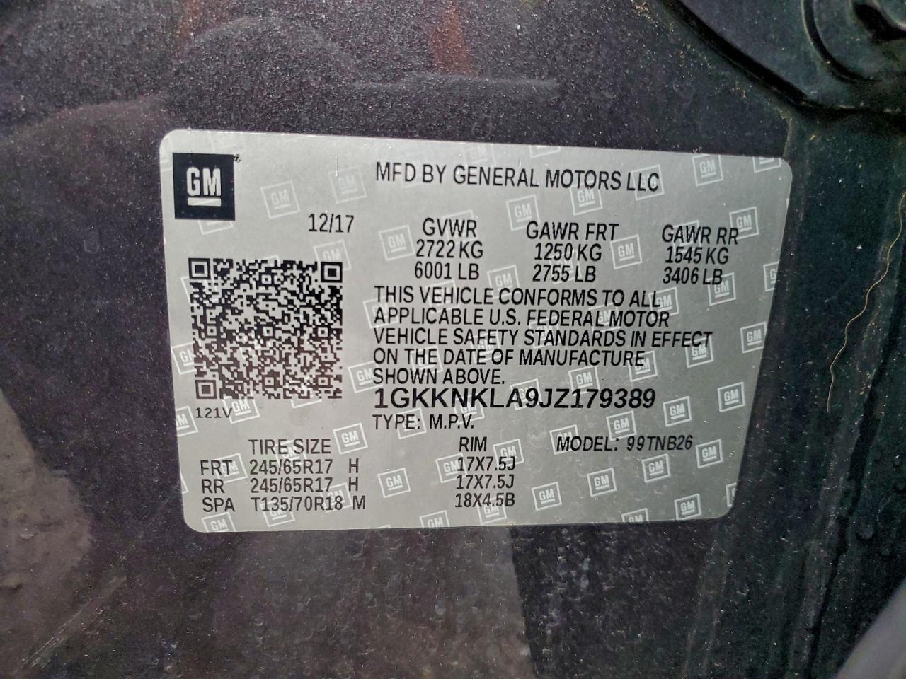 2018 GMC Acadia Sle VIN: 1GKKNKLA9JZ179389 Lot: 93986665